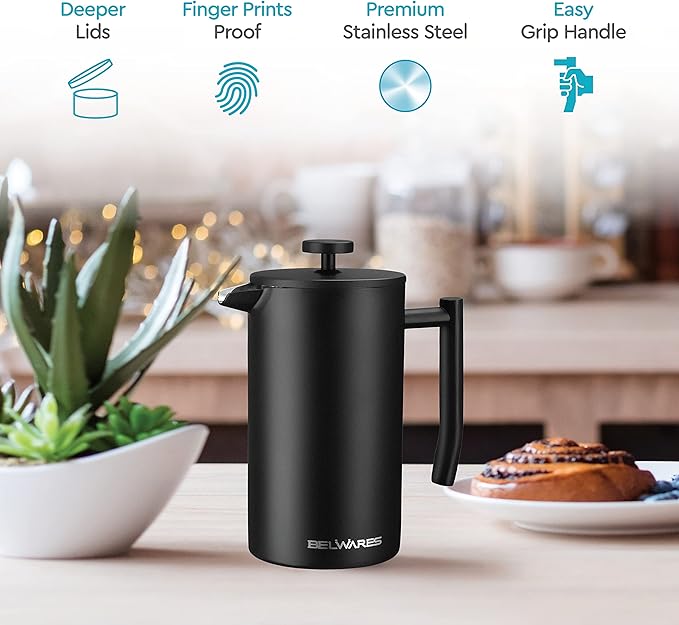 Belwares French Press Coffee Maker 34 Oz - Insulated Coffee Press Stainless Steel 304 - Double Wall &amp 4 Level Filtration System (1 Liter) - Black