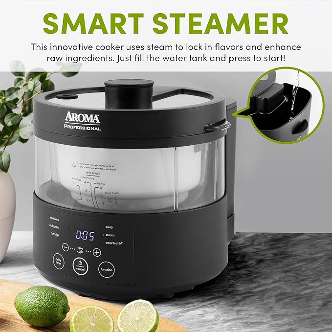 Aroma Housewares Professional 8-Cup (Cooked) SmartCarb Multicooker and Flavor-Lock Food Steamer for Low-Carb Rice and Grains Glass Inner Pot Black (AMC-800) Transparent Glass 4 Cup Uncooked Rice