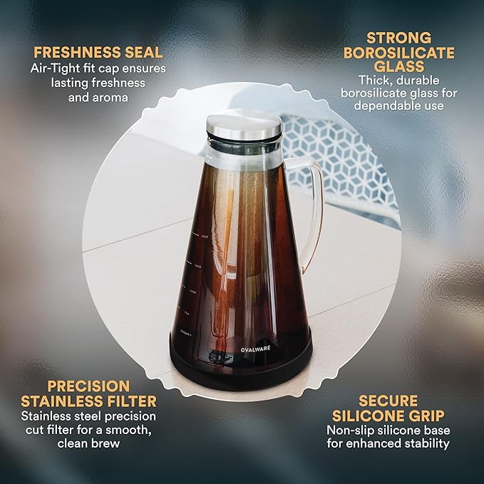 OVALWARE Airtight Cold Brew Iced Coffee Maker Pitcher (&amp Iced Tea Maker) with Spout – 1.5L/ 51oz Brewing Glass Carafe with Removable Stainless Steel Filter