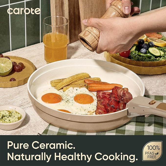 CAROTE 18 Pcs Ceramic Cookware Set Titanium Nonstick with Detachable Handles Non Toxic Cookware Pots and Pans Set Non Stick Removable Handles Induction Available Kitchen Cooking Dishwasher Safe