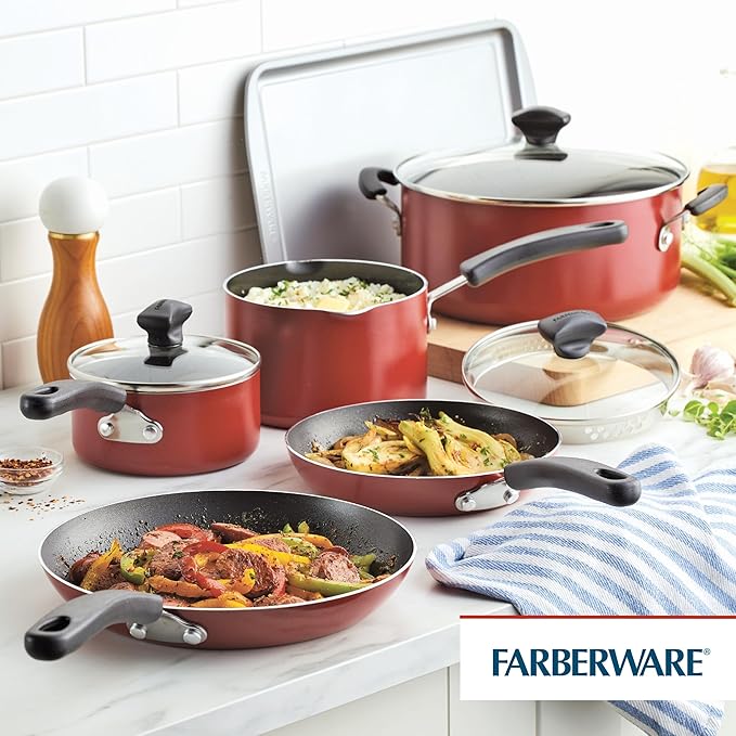 Farberware Cookstart DiamondMax Nonstick Cookware/Pots and Pans Set Dishwasher Safe Includes Baking Pan and Cooking Tools 15 Piece - Red