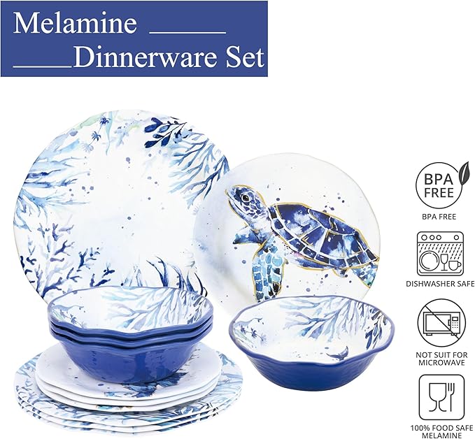 UPware 12 Piece Indigo Sea Life Melamine Dinnerware Sets Outdoor Dishes Set Plates and Bowls Sets Service for 4 Blue