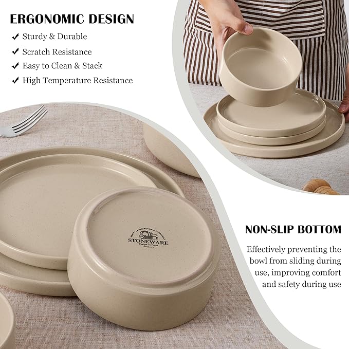 E-far Stoneware Dinnerware Sets with Pasta Bowls Set of 4 Bundle 12PCS Plates and Bowls Dish 35oz Ceramic Large Salad Bowl Plates for Serving Soup Dinner Microwave &amp Dishwasher Safe Speckled K