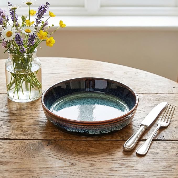 Dinner Set 12 Pieces - Round Reactive Glaze Tableware - Kitchen Dinnerware Porcelain Crockery with Dinner Plate Bowl and Soup Plate Service for 4 Microwave Dishwasher Safe Set (No.4)