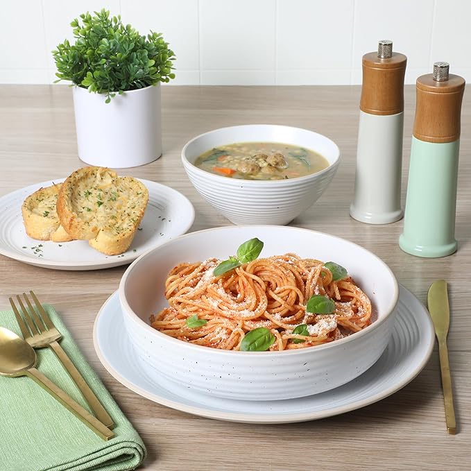 Gibson Home Dinah 16-Piece Matte White Stoneware Dinnerware Set – Double Bowl Embossed Speckled Design Durable Kitchen Dinnerware