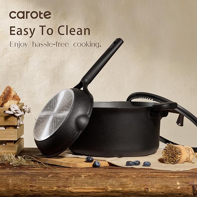 CAROTE 28PCS Pots and Pans Set Nonstick Cookware Set Kitchen Non Stick Induction Titanium Cookware Non-toxic Granite Cooking set PFOA Free Black