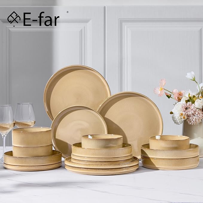 E-far 16 Piece Dinnerware Sets Plates and Bowls with Pasta Bowls Service for 4 Modern Stoneware Ribbed Dishes for Kitchen Dining Microwave &amp Dishwasher Safe Caramel Khaki