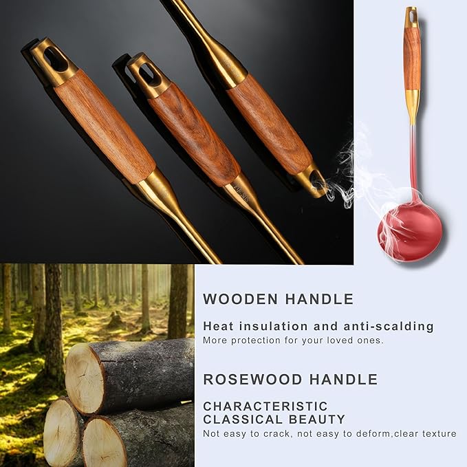 Gold Kitchen Utensils Set with Wooden Handle 6 PCS Professional Stainless Steel Cooking Utensils Set Wok Spatula Ladle Skimmer Slotted Spatula Turner Spaghetti Spoon Large Spoon