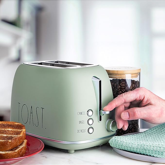 Rae Dunn Retro Rounded Bread Toaster 2 Slice Stainless Steel Toaster with Removable Crumb Tray Wide Slot with 6 Browning Levels Bagel Defrost and Cancel Options Sage