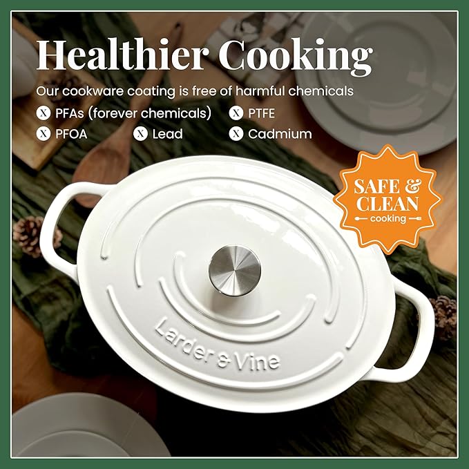 Larder &amp Vine Enameled Cast Iron 8 qt Dutch Oven Pot with Lid | Bread Baking | Compatible on All Cooktops &amp Oven Safe to 500° F | Great for Sourdough Bread | White