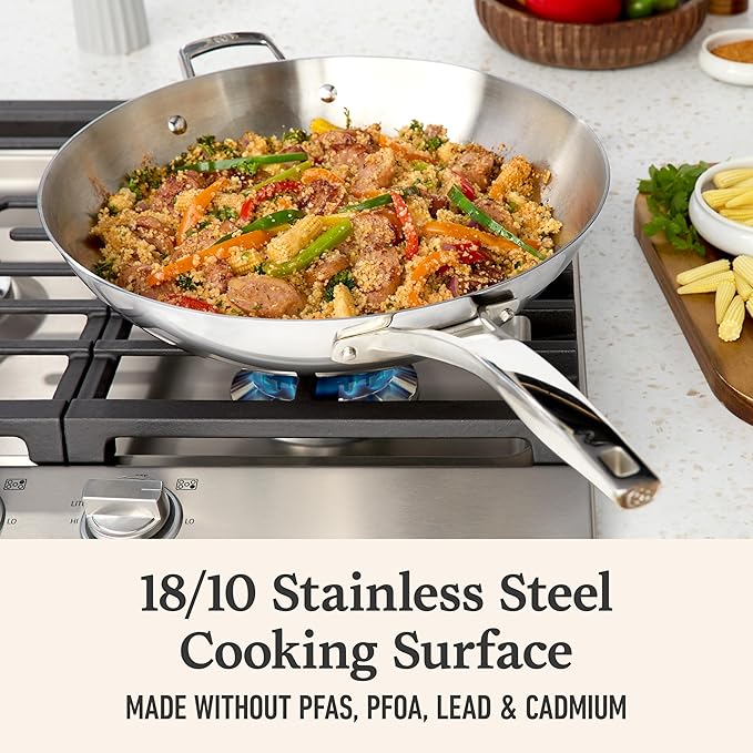 Calphalon Premier Polished 5-Ply Stainless Steel Cookware w/Turbo Heat Tech 13 Wok Induction Oven Safe 500F PFOA Free Polished Stainless Silver