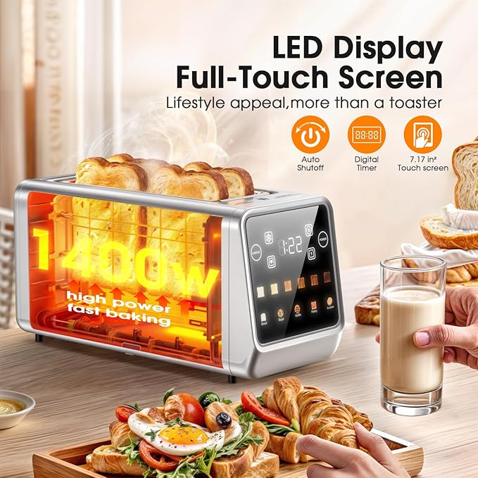 4-Slice Smart Toaster with Digital Touchscreen &amp 1-Touch Memory for Family | Stainless Steel Extra-Wide Long Slots for Bagels &amp Artisan Bread | All-in-One Defrost Reheat &amp Single-Slice M