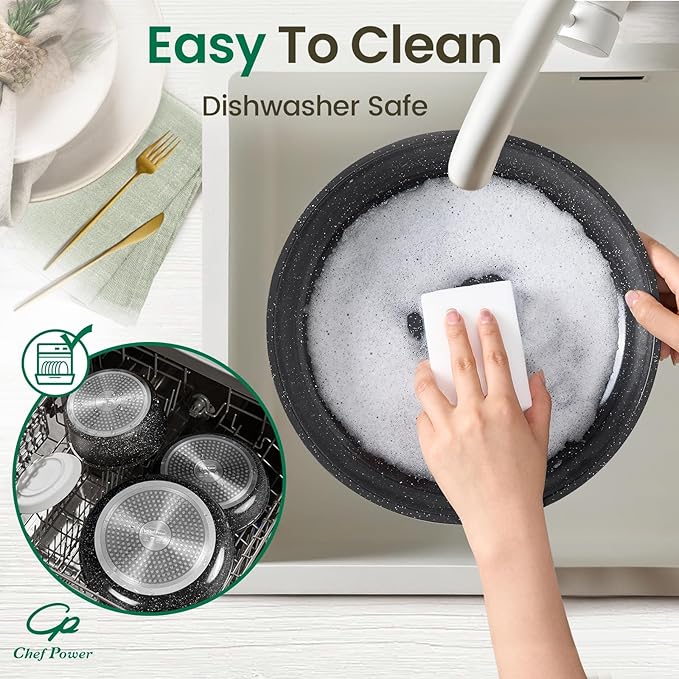 Chef Power Ceramic Nonstick Cookware Set 19 Piece with Detachable Handle Induction Dishwasher Oven Safe Pans and Pots Set RV Kitchen Set Removable Handle Rock Stone Black