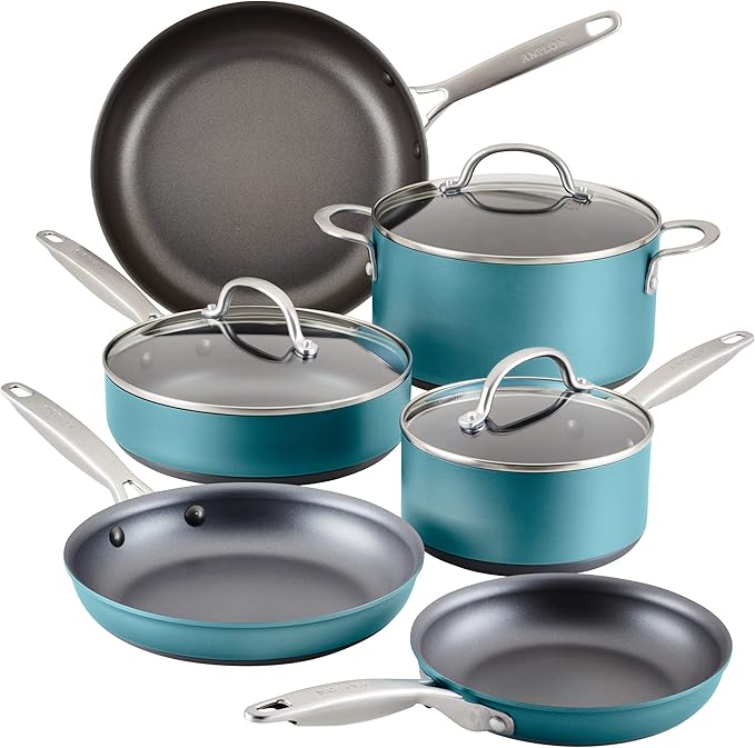 Anolon Achieve Hard Anodized Nonstick Cookware Pots and Pans Set 9 Piece - Teal