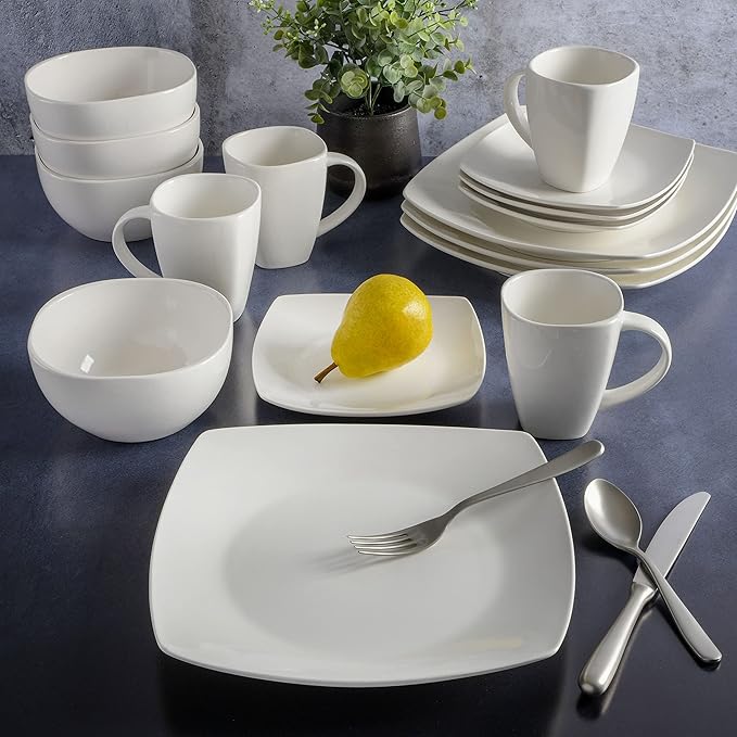 Gibson Soho Lounge Square Porcelain Chip and Scratch Resistant Dinnerware Set Service for 4 (16pc) White