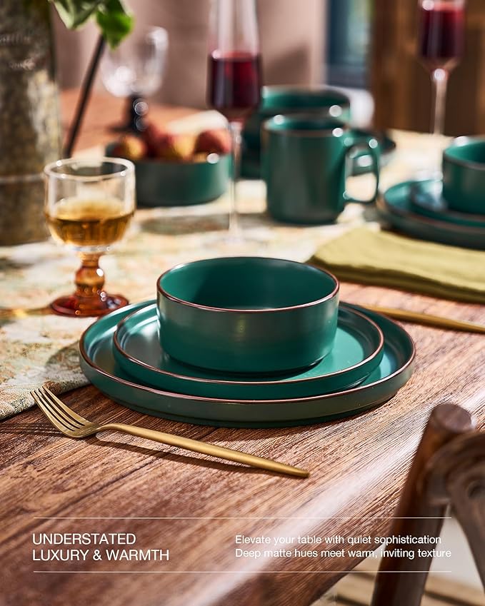 Famiware Nebula Ridge Stoneware Dinnerware Sets Plates and Bowls Sets for 4 12 Pieces Dishes Set Microwave and Dishwasher Safe Kitchen Plates Dark Green