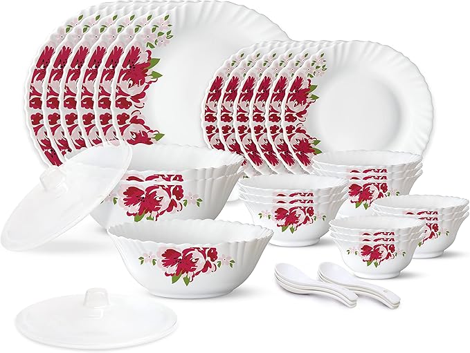 Borosil Gourmet Dinnerware Set For 6 35 Pieces White Dinner Plates and Bowls Chip Resistant Tempered Opal Glass Stain Resistant Dishwasher &amp Microwave Safe Dinner Set For Gifting Serves 6