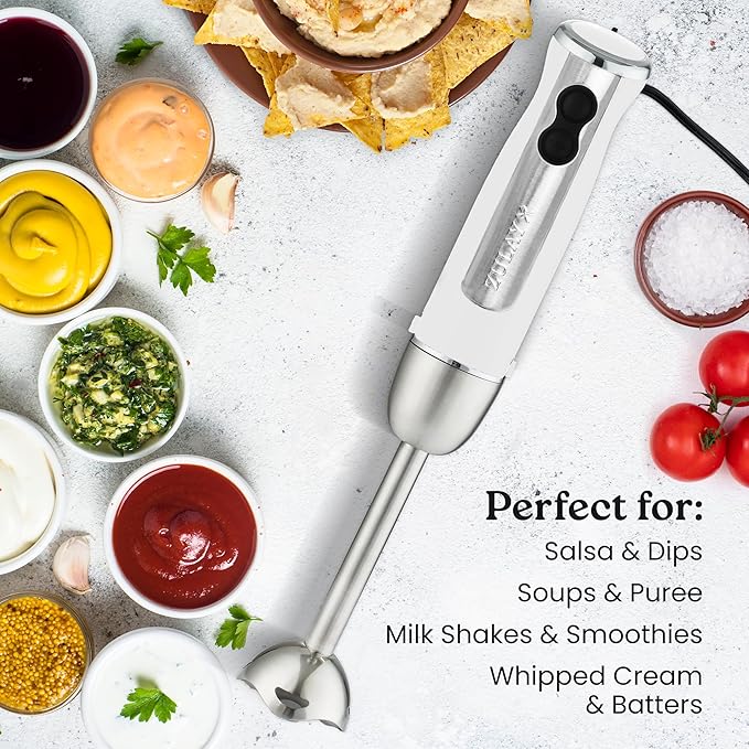 Zulay Immersion Stick Mixer Hand Blender - 800 Watts Turbo Mode 5-ft Power Electric Cord Handheld Portable Stainless Steel Blades - For Effortless Blending Smoothie Soup Baby Food Puree - White