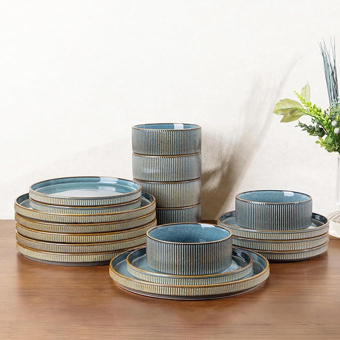 GBHOME 18-Piece Stoneware Dinnerware Set for 6 – Ribbed Ceramic Plates and Bowls Scratch-Resistant Microwave &amp Dishwasher Safe Reactive Glaze Deep Ocean
