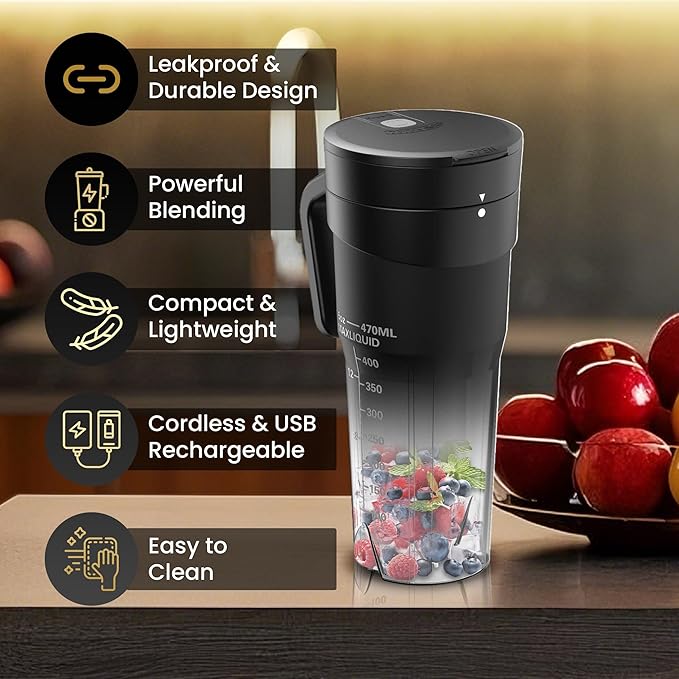 Cordless Portable Blender – USB Rechargeable Leakproof Lid Personal Smoothie Maker for Travel &amp Gym – Mini Electric Juicer for Fruits &amp Ice (Black and White)