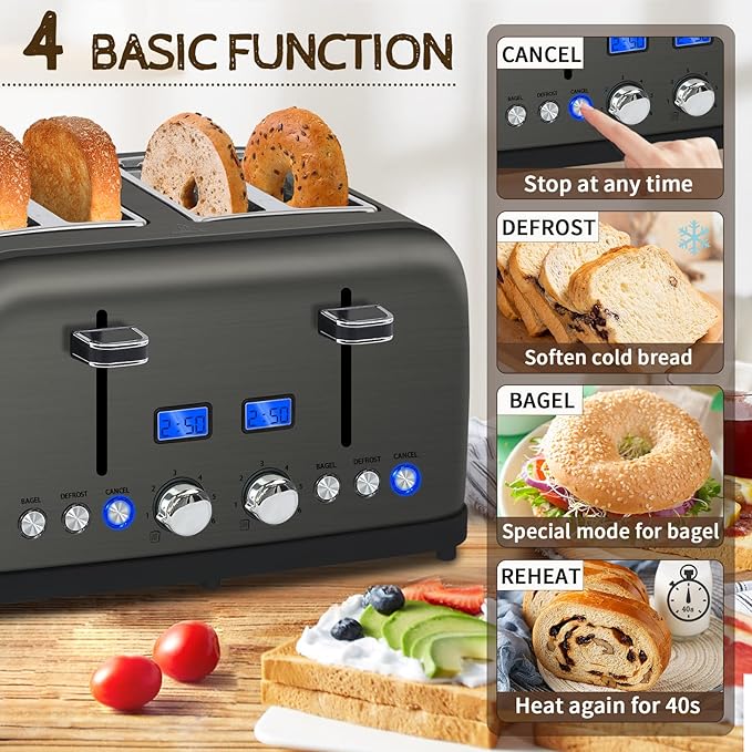 SEEDEEM Toaster 4 Slice LCD Display 6 Shade Settings 1.5'' Wide Slots Digital Stainless Toaster for Bagel Defrost Reheat Dual Control Removable Crumb Tray 1500W Dark Metallic