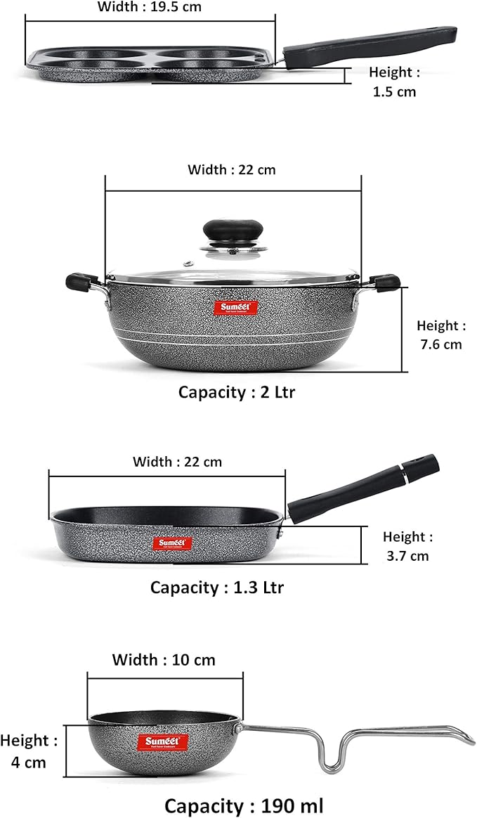 Sumeet NonStick Fekete Cookware Set (Mini Multi Snack Maker - 4 Cavity -19.5cm + Kadhai with Glass Lid -2Ltr - 22Cm Dia + Grill Pan-22cm Dia + Waghariya/Tadka pan - 190Ml - 10Cm Dia)