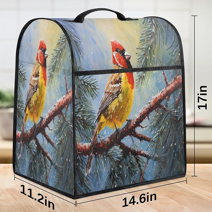 Kitchen Aid Mixer Cover Christmas Bird Tree Cardinal Stand Mixer Cover Compatible with 6-8 Quarts Stand Mixers Dust Covers with Zipper Pocket Foldable Washable Kitchen Aid Organizer Bag