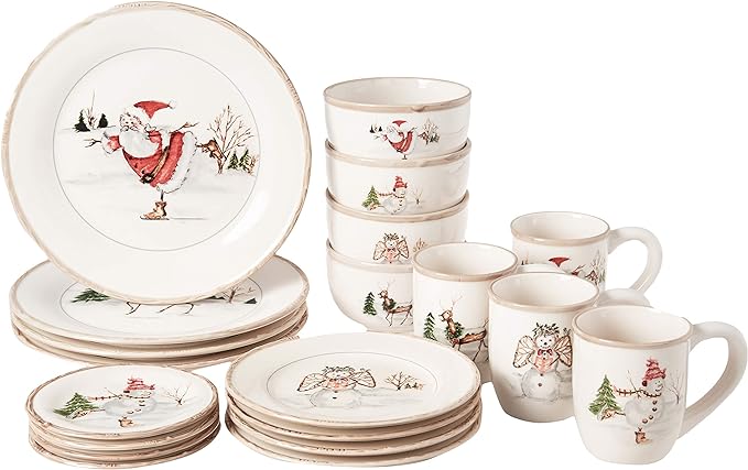 American Atelier Christmas Twig Holiday Dinnerware Set – 20-Piece Christmas-Themed Earthenware Dinner Party Collection Unique Gift Idea for Christmas or Birthday Cream