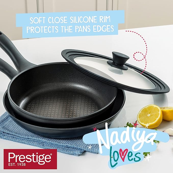 Prestige x Nadiya Non Stick Frying Pan Set of 2 with Universal Glass Lid &amp Stay Cool Handles - Stackable Induction Frying Pans 24cm &amp 26cm Oven and Dishwasher Safe Black