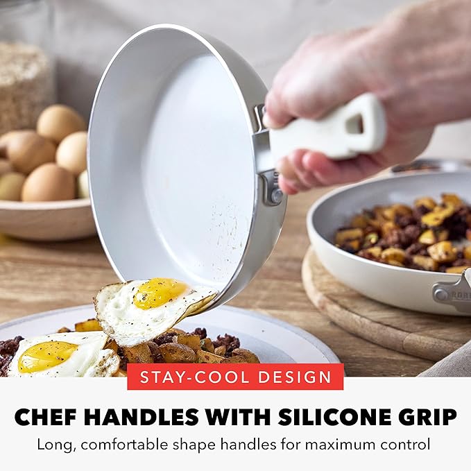 GreenPan x Bobby Flay 13 Piece Cookware Pots and Pans Set and 8 Chef's Knife. PFAS &amp PFOA-Free Ceramic Nonstick Induction Suitable Stay-Cool Silicone Handle Dishwasher &amp Oven Safe Cream