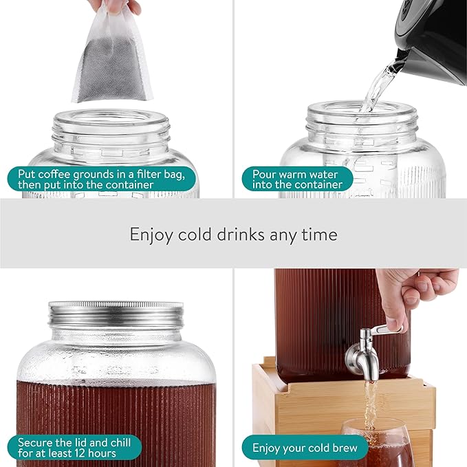 Navaris Glass Drink Dispenser with Tap - 4L (1 gal) Ripple Design Beverage Dispenser with Ice Insert &amp Fruit Infuser - for Cold Brew Coffee Cocktails Juice Water &amp other Drinks
