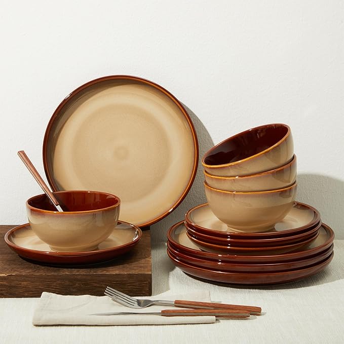 Stoneware Dinnerware Sets Ceramic Plates and Bowls Set Microwave &amp Dishwasher Safe Kitchen Dish Set Modern Dinner Salad Plates | Cereal Bowls for 4 Dishware Sets Brown Yellow