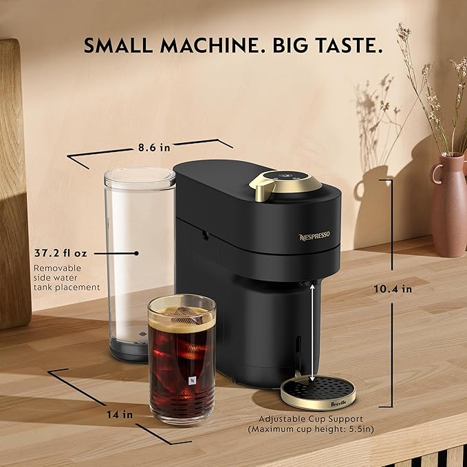 Nespresso Vertuo Pop+ Deluxe Coffee and Espresso Maker by Breville with Milk Frother Matte Black Gold