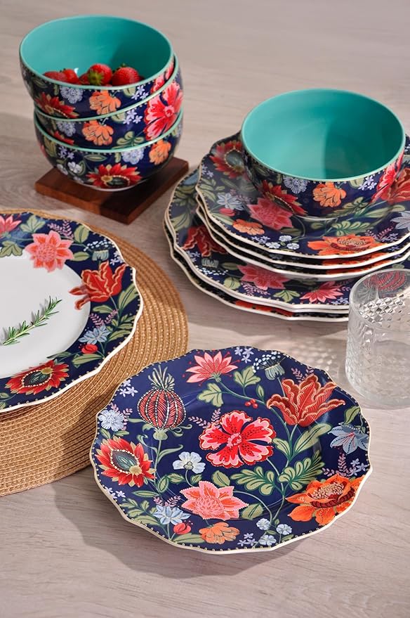 222 Fifth 12-Piece Porcelain Dinnerware Set for 4 White &amp Parisian Blue Plates and Bowls Set with Gold Rim Glossy Ceramic Dish Set with Detailed Floral Design Microwave &amp Dishwasher Safe C