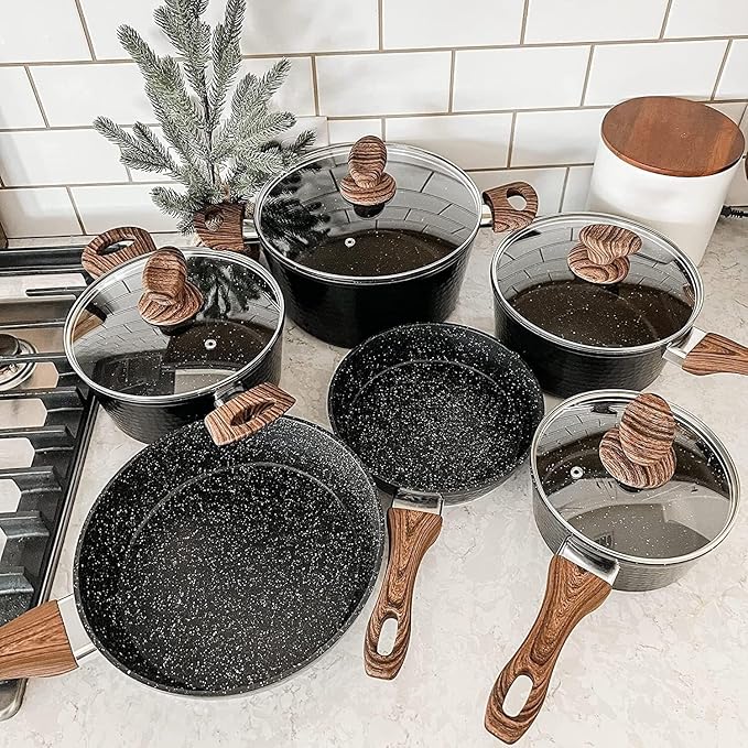 Pots and Pans Set Non Stick 15 Pcs Non-Toxic Hammered Kitchen Cookware Sets Black Granite Cooking Pot and Pan for Induction Stovetop