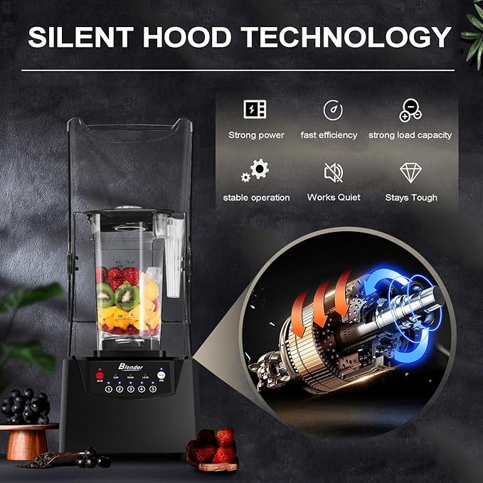 Quiet Commercial Blender With Soundproof Shield 2200 Watt Professional Blenders For Kitchen With 6-Blade Diamond Turbine Cutter And Self-Cleaning For Juice Bars/Household Smoothie Making