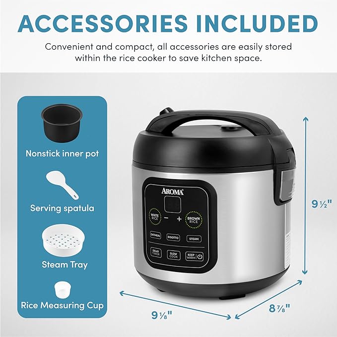 Aroma Housewares ARC-994SB Rice &amp Grain Cooker Slow Cook Steam Oatmeal Risotto 8-cup cooked/4-cup uncooked/2Qt Stainless Steel