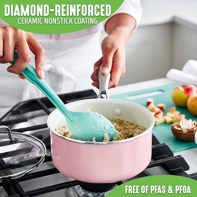 GreenLife Artisan Healthy Ceramic Nonstick 1QT and 2QT Saucepan Pot Set with Lids Stainless Steel Handle Induction PFAS-Free Dishwasher Safe Oven Safe Pink