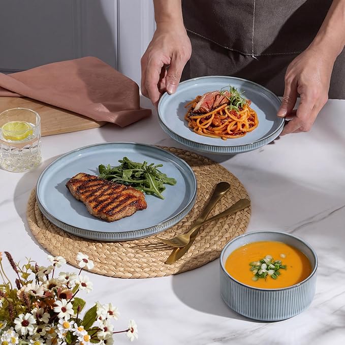 E-far Stoneware Dinnerware Sets for 2 6-Piece Plates and Bowls Sets Chip &amp Scratch Resistant Ribbed Dish Set for Home Restaurant Microwave &amp Dishwasher Safe Dusty Blue