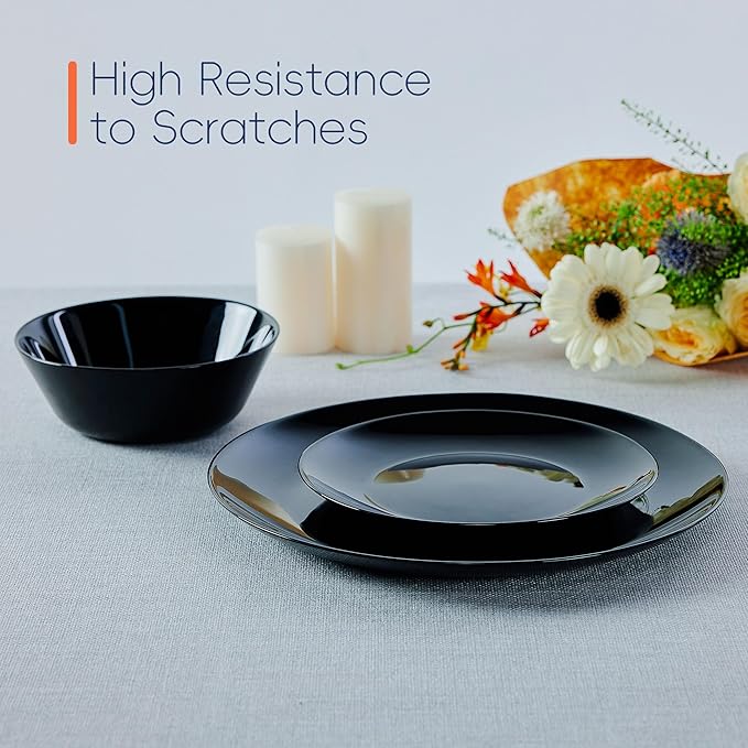Dinnerware Sets for 4 LaGlint 12 Pieces Opal Glass Plates and Bowls Set Dishwasher and Microwave Safe Dish Dinning Ware Chip and Scratch Resistant Dishware Black