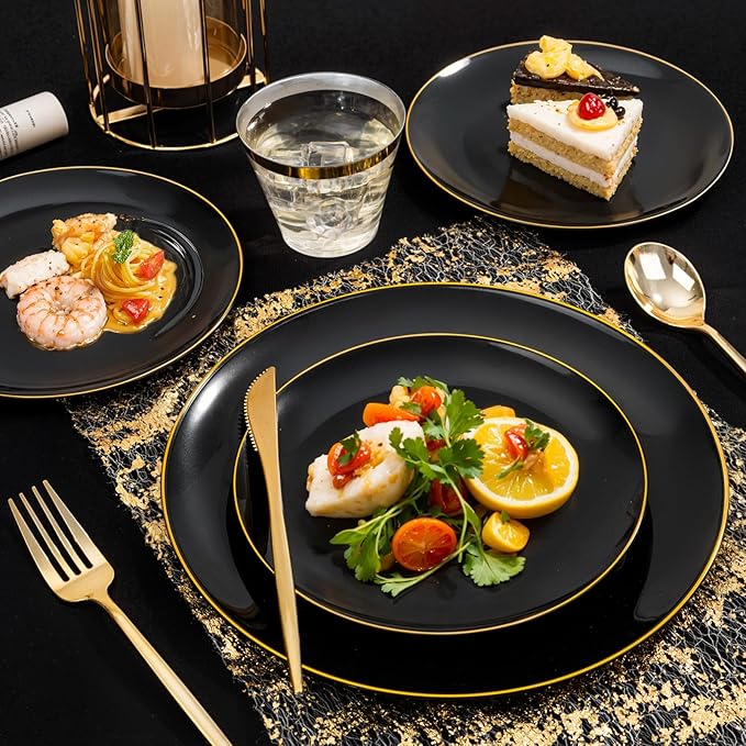 bUCLA 150PCS Black and Gold Plastic Plates - Black Gold Plastic Dinnerware Set Disposable - Include 25 Dinner / 25 Dessert Plates 25 Knives 25 Forks 25 Spoons 25 Cups Ideal for Party &amp Birthd