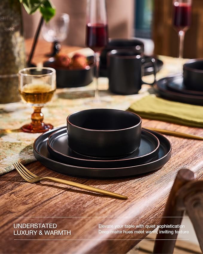 Famiware Nebula Ridge Stoneware Dinnerware Sets for 8 24 Pieces Plates and Bowls Sets Dishes Set Microwave and Dishwasher Safe Kitchen Plates Matte Black