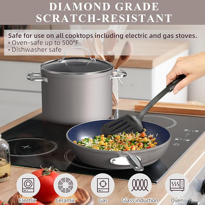 Healthy Duralon Blue Ceramic Nonstick Cookware Set Diamond Infused Scratch-Resistant PFAS Free Dishwasher &amp Oven Safe Induction Ready &amp Evenly Heats Tempered Glass Lids &amp Stay-Cool Ha