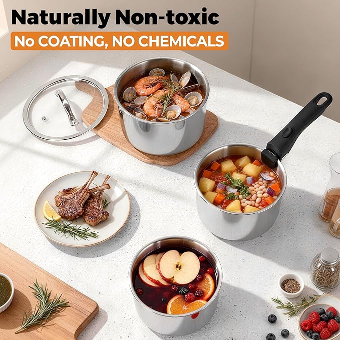 P&ampP CHEF Tri-Ply Stainless Steel Cookware Set of 3 with Removable Handle 9-Pieces Pots and Pans Set Induction 2Qt Saucepan 3Qt Small Pot &amp 4Qt Cooking Pot Oven &amp RV Safe to 500℉ Dishw