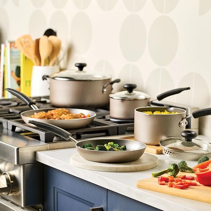 12 Pcs Nonstick Cookware Set with Cooking Tools - Easy Clean &amp Dishwasher Safe Champagne Color Ideal for Home Kitchen