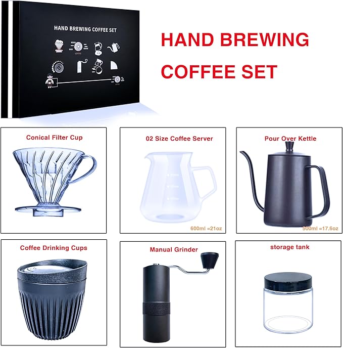 DS&ampDV Coffee Maker SetInclConical Filter Cup Server Pour Over Kettle Cup Manual GrinderHand Brewing for Camping and Traveling Personal Bar (6 in 1 Coffee Makers)