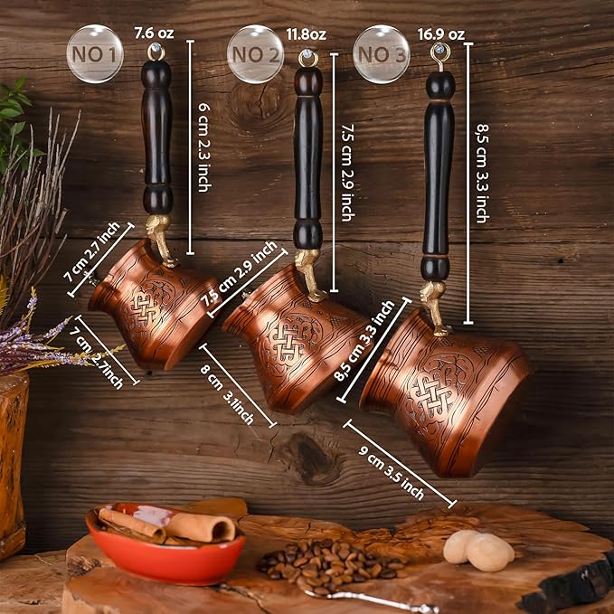 17oz Copper Turkish Greek Arabic Coffee Pot with Wooden Handle - Cezve Ibrik Briki Stovetop Coffee Maker (Includes Copper Spoon) (6 servings)