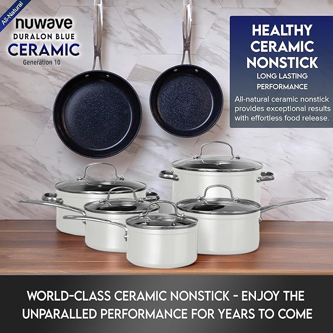 Nuwave Healthy Duralon Blue Ceramic Nonstick Cookware Set Diamond Infused Scratch-Resistant PFAS Free Dishwasher &amp Oven Safe Induction Ready &amp Evenly Heats Tempered Glass Lids &amp Stay-