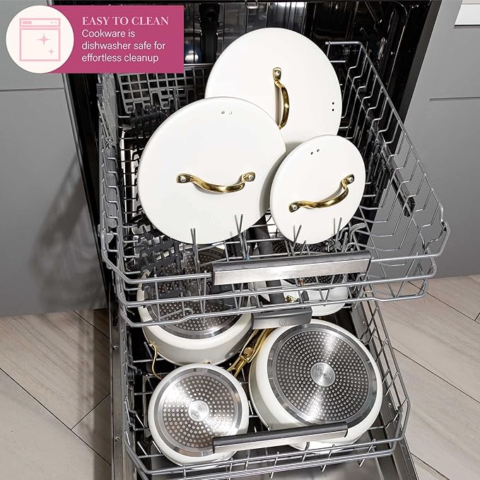 Paris Hilton Iconic Nonstick Pots and Pans Set Multi-layer Nonstick Coating Matching Lids With Gold Handles Made without PFOA Dishwasher Safe Cookware Set 10-Piece Cream