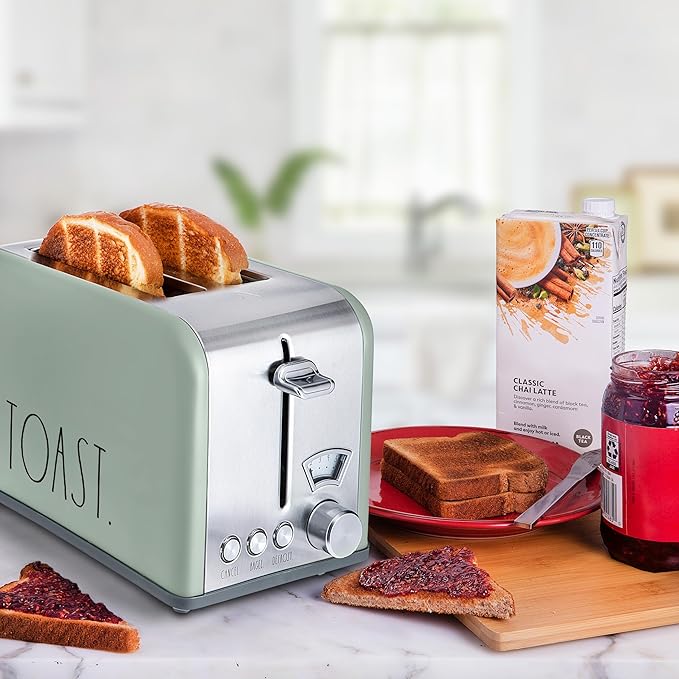 Rae Dunn Toaster Stainless Steel 2 Slice Square Toaster Wide Slot with 5 Browning Levels with Bagel Defrost and Cancel Options (Sage)